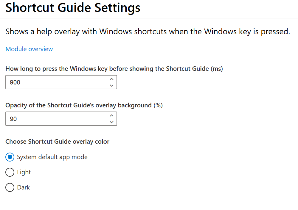Shortcut Guide settings